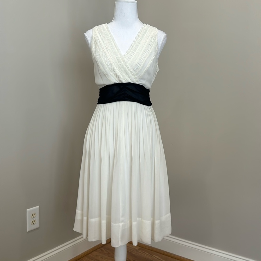 White Dress with Crisscross V-Neck Front & Black Waistband that Ties in the Back